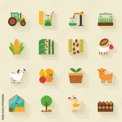 Vibrant farm icons depict agriculture, livestock, and fresh produce for modern design projects
