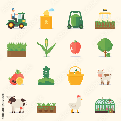 Vibrant farm icons showcase agriculture, healthy produce, and happy animals creating a wholesome lifestyle.
