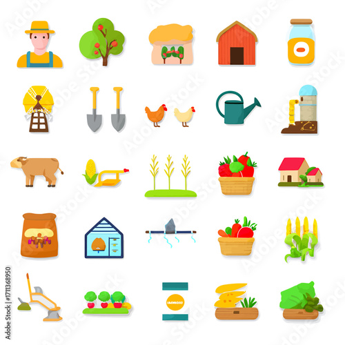 Vibrant farm icons depict farmer, crops, animals, and equipment for agriculture themes
