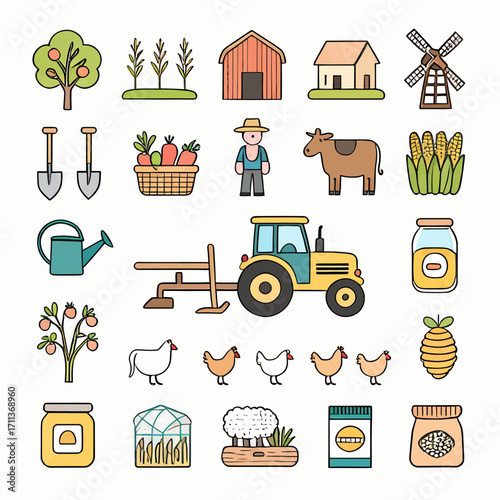 Vibrant farm icons showcase agriculture, harvest, and rural life essentials for joyful projects
