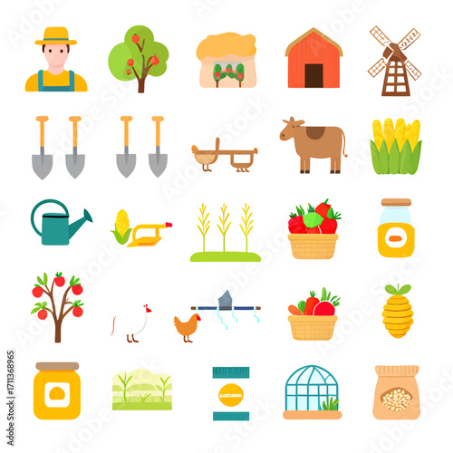 Charming farm icons depict rural life harvest and agriculture in a delightful flat design style
