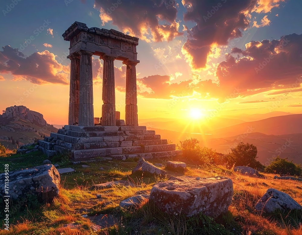 Fototapeta premium Ancient Stone Temple Ruins on Hilltop at Sunset with Golden Light and Dramatic Sky Breathtaking Landscape