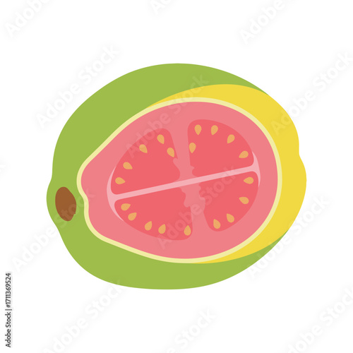 Half of a guava fruit, showing the pink flesh and green skin.