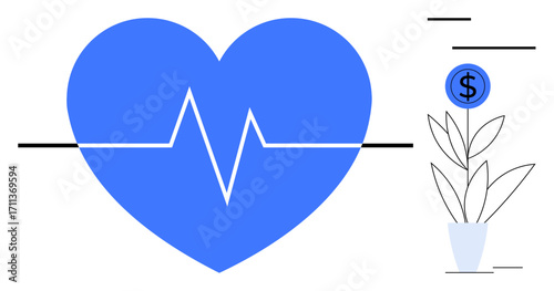 Blue heart enclosing a heartbeat line beside a blooming plant with dollar coin. Ideal for health, finance, growth, investment, sustainability, wellness, success. Represents a simple flat metaphor