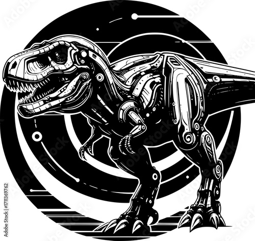 Minimalist black and white vector icon of futuristic dinosaur, clean lines, modern, scalable, isolated for creative or digital use