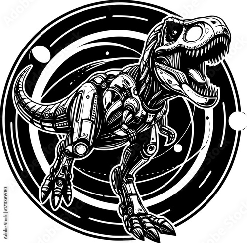 Minimalist black and white vector icon of futuristic dinosaur, clean lines, modern, scalable, isolated for creative or digital use