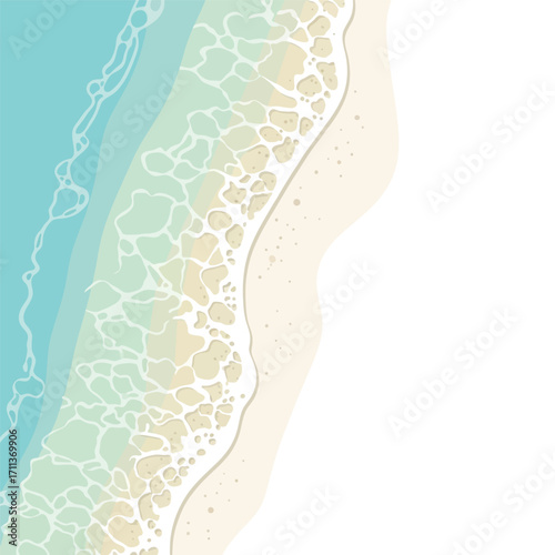 Top-down aerial illustration of a serene tropical beach with turquoise ocean waves and sandy shore.