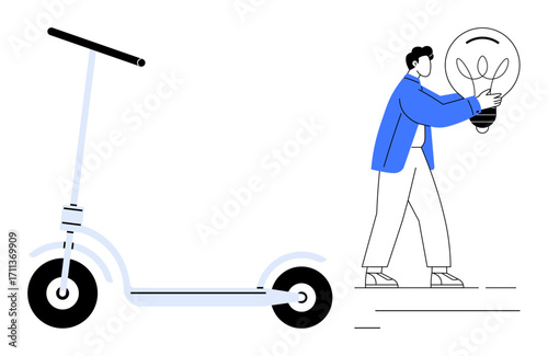 Person holding oversized lightbulb walking with purpose next to modern electric scooter. Ideal for innovation, mobility, technology, green energy, creativity, progress, minimalism. Simple flat