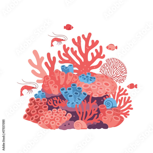 A vibrant coral reef teeming with life, featuring various coral formations, shrimp, and small fish.