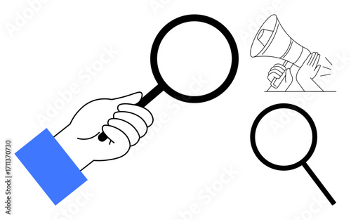 Hand gripping magnifying glass, adjacent megaphone for amplified messaging, suggesting focus, analysis, and clear communication. Ideal for research, investigation, clarity, advertising scrutiny