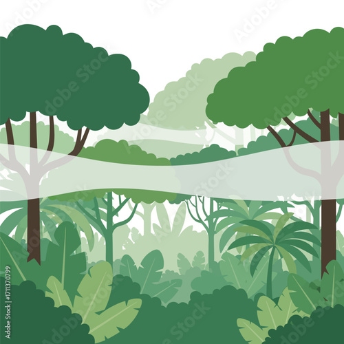 A lush green jungle landscape with various trees and plants, featuring a horizontal band of mist or fog in the middle ground.