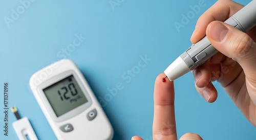 A person uses a lancet device to prick their finger for a blood glucose test, with a glucometer showing a reading of 120 mg/dL.