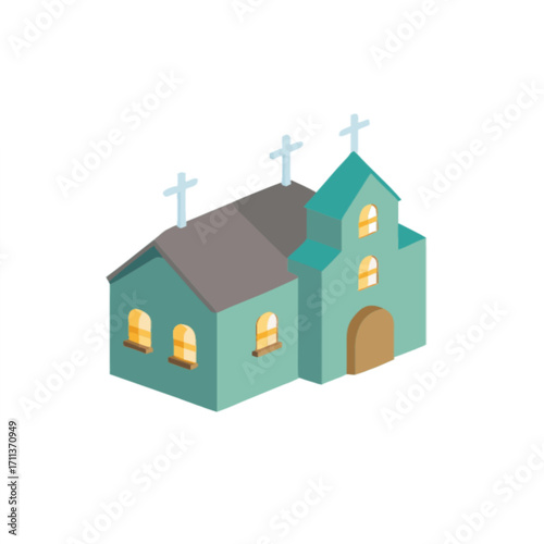 Charming church building with crosses and arched windows for worship