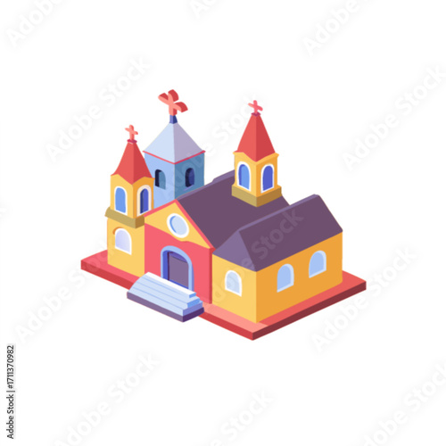 Charming isometric church building with vibrant colors and crosses