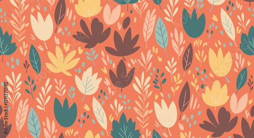 A whimsical pattern featuring stylized leaves and floral elements in a warm autumnal color palette.