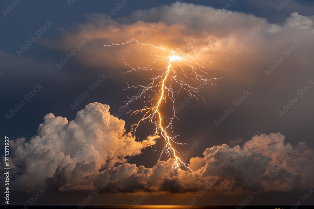 Fototapeta premium Dramatic lightning bolt illuminating dark storm clouds over ocean at twilight