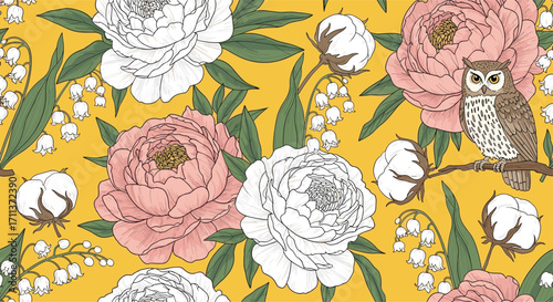 A charming floral pattern featuring peonies cotton and lily of the valley with an owl perched on a branch.