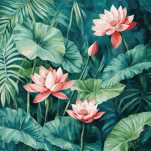 Tropical Forest Scene With Lotus Flowers And Banana Leaf. Exotic Wall Mural. Watercolor Art of a Tropical Forest with Lotus and Bird of Paradise. , vector style simple color