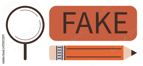 Magnifying glass, fake label, and pencil illustrating examination, analysis, and authenticity validation. Ideal for research, education, media, misinformation documentation scrutiny