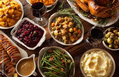 Thanksgiving dinner table setting showing roasted turkey, cranberry sauce, mashed potatoes and wine