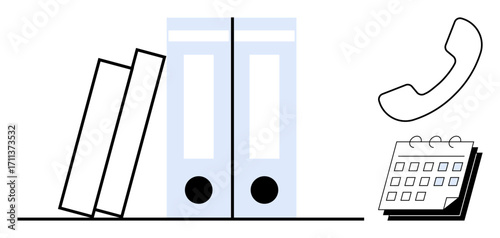 Books leaning on files, a calendar, and a phone handset emphasizing organization, scheduling, planning, productivity, office work, corporate communication and professionalism. Ideal for simple flat