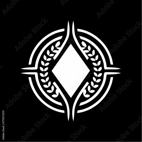 A stylized, minimalist white emblem on a black background, featuring a central diamond shape enclosed by circular and linear elements, with laurel-like branches on either side.