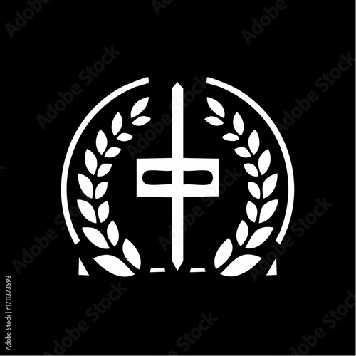 A white stylized cross emblem with a laurel wreath on a black background, symbolizing faith and victory.