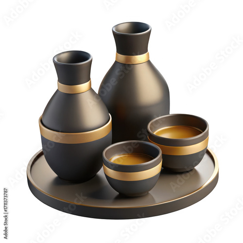 Elegant japanese sake set with ceramic bottles and cups on a tray isolated on transparent background