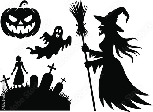 Spooky Halloween scene with witch, ghost, pumpkin, and graveyard silhouettes for festive celebrations