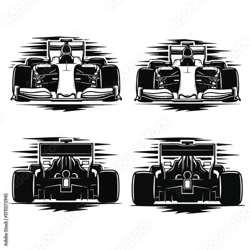 Four views of a race car, front and back, in black and white.