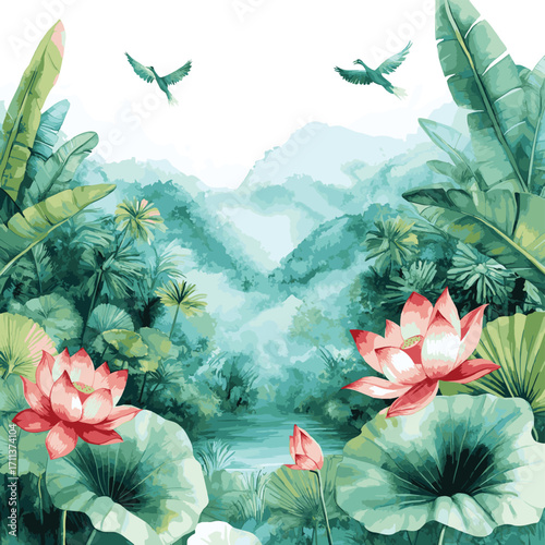 Tropical Forest Scene With Lotus Flowers And Banana Leaf. Exotic Wall Mural. Watercolor Art of a Tropical Forest with Lotus and Bird of Paradise. , vector style simple color