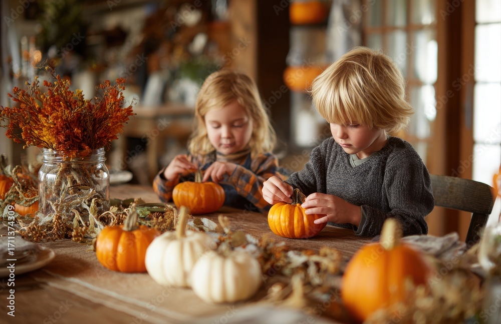 Fototapeta premium Two young children preparing pumpkins for halloween party on a rustic wooden table