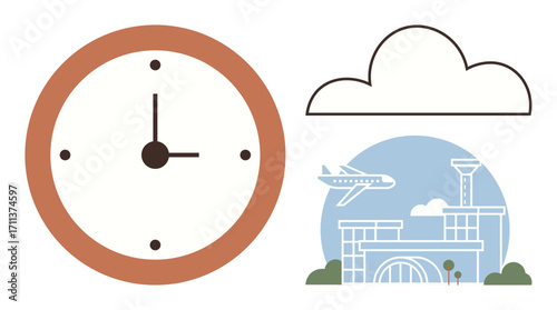 Brown-edged clock, outlined cloud, and airport scene with airplane in flight. Ideal for travel, time management, transportation, punctuality, aviation planning global connectivity. Simple flat