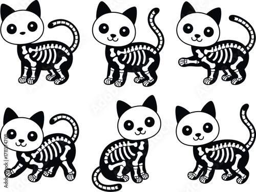 Adorable cartoon skeleton cats in various playful poses, perfect for Halloween designs.