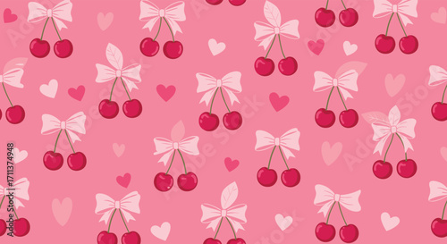 A sweet and charming pattern of cherries tied with bows and scattered hearts.