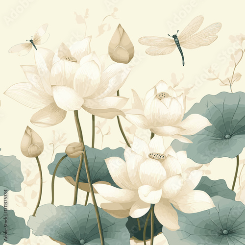 Botanical Wallpaper Featuring Lotus Flowers And Dragonflies on Beige Background