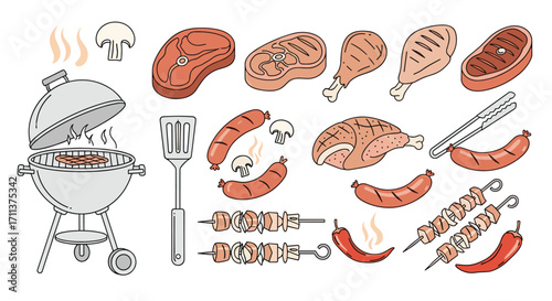 Collection of delicious grilled meats and barbecue essentials perfect for outdoor cooking and summer feasts.