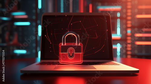 Cyber Security Laptop with Red Padlock: Digital Data Protection, Online Safety, Encryption Technology, Modern Tech, Cybersecurity Concept