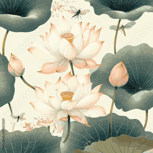 Botanical Wallpaper Featuring Lotus Flowers And Dragonflies on Beige Background