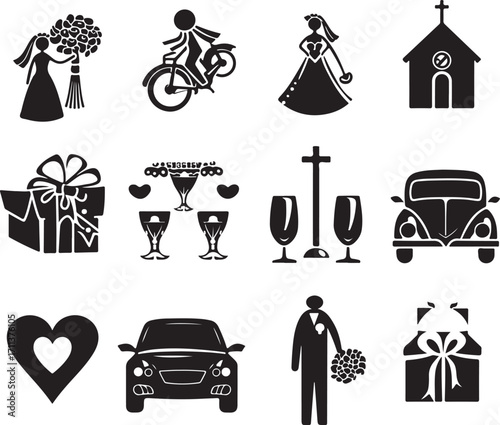 Wedding celebration icons bride groom car gifts church celebration