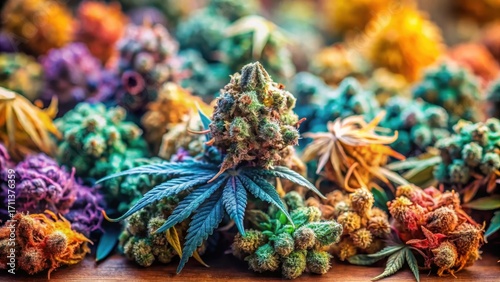 Colorful dried cannabis buds with individual leaves and tiny pistils
