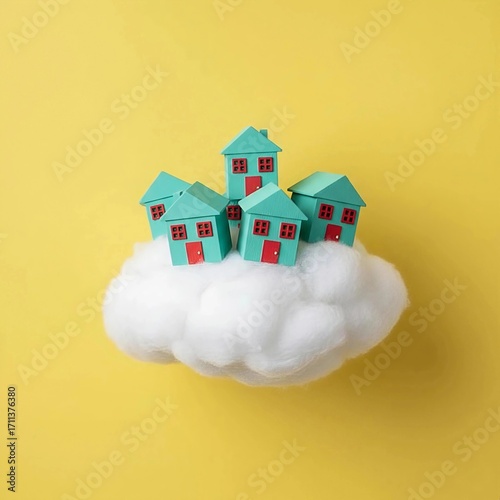 Five miniature turquoise houses with red doors and windows sit on a white cloud, evoking a dreamlike or surreal atmosphere