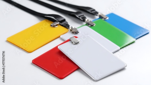 Lanyards with Colorful Tags Red, Yellow, White, Green and Blue on Bright Surface