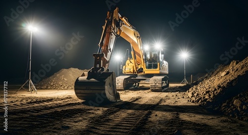 Excavator illuminated at night on construction site with dirt piles and bright work lights nearby