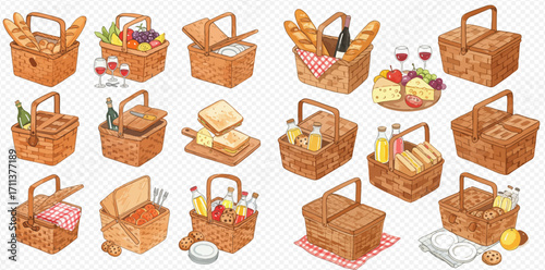 A collection of watercolor illustrations featuring various picnic baskets filled with food and drinks.