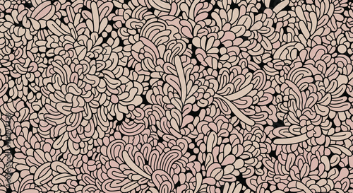 A delicate abstract organic pattern featuring a repeating motif of stylized floral elements and organic shapes rendered in a soft pastel palette on a black background.
