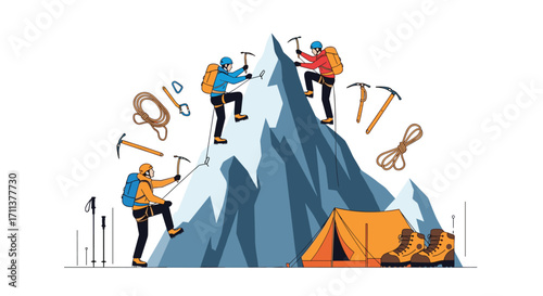 Team of mountaineers climbing a snowy peak with camping gear nearby.