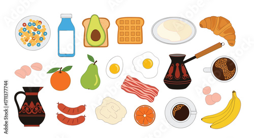 A collection of delicious breakfast foods and drinks for a healthy morning meal.