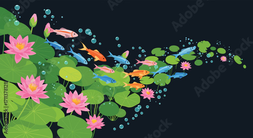 A vibrant school of colorful fish swims through a serene aquatic garden filled with lush green lily pads and blooming pink lotus flowers creating a beautiful underwater scene.