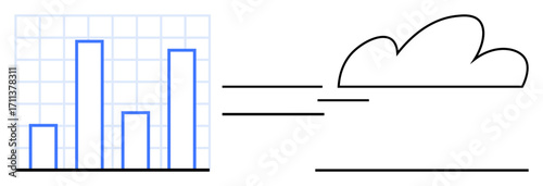 Bar graph transferring data to cloud, emphasizing digital storage and analytics accessibility. Ideal for business analysis, digitalization, cloud computing, technology trends, innovation, data